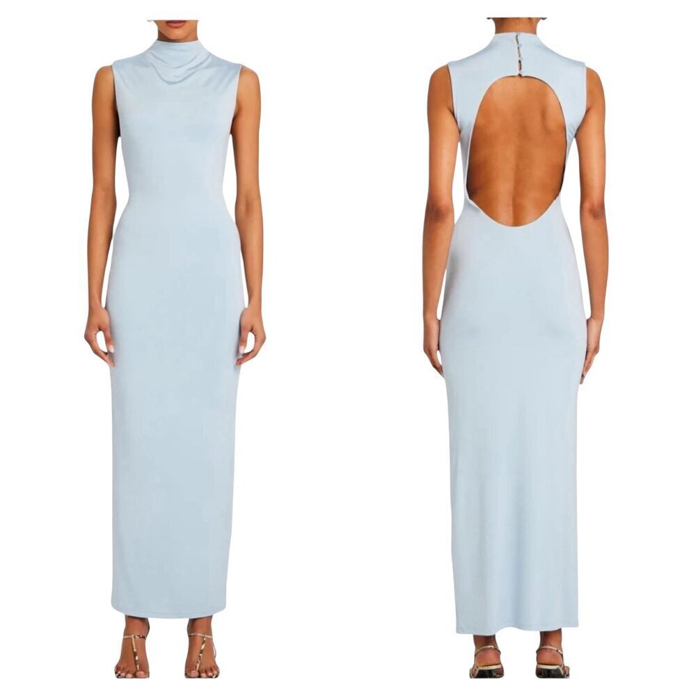 Ser.O.Ya Olive Gown Light Blue Sleeveless Open Back Maxi Dress Size Medium Nwt